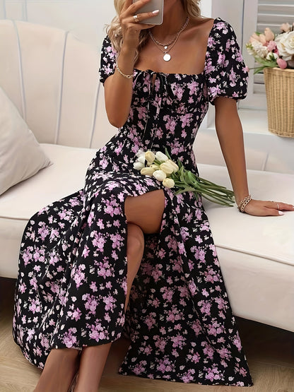 Robe longue fleurie manches courtes femme