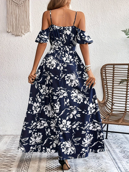 Robe longue fleurie à bretelles et épaules dénudées
