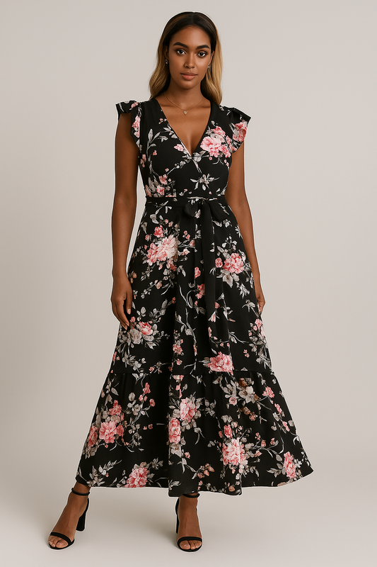 Robe longue fleurie femme à volants et décolleté V