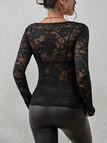 Top dentelle moulant femme manches longues décolleté festonné