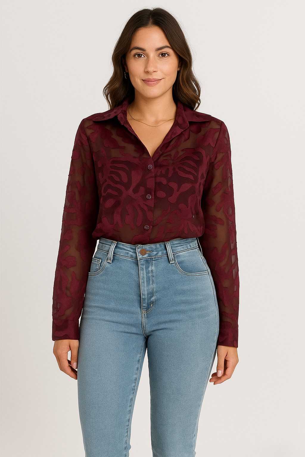 Chemise transparente femme à motifs veloutés col classique