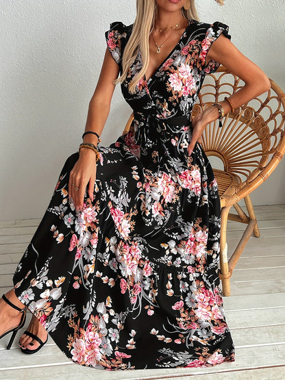 Robe longue fleurie femme à volants et décolleté V