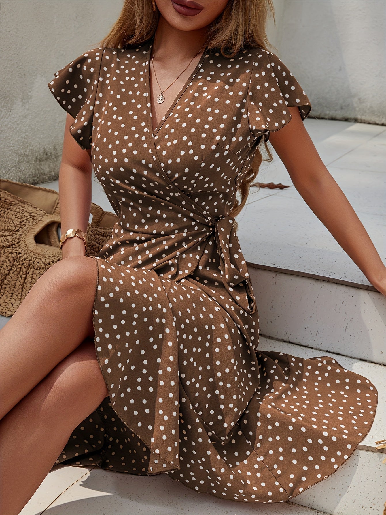 Robe portefeuille fluide à pois manches courtes femme