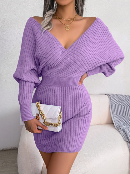 Robe pull moulante hiver femme col cache-cœur manches longues