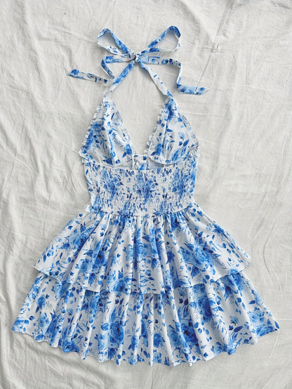 Robe courte bustier fleurie à volants femme