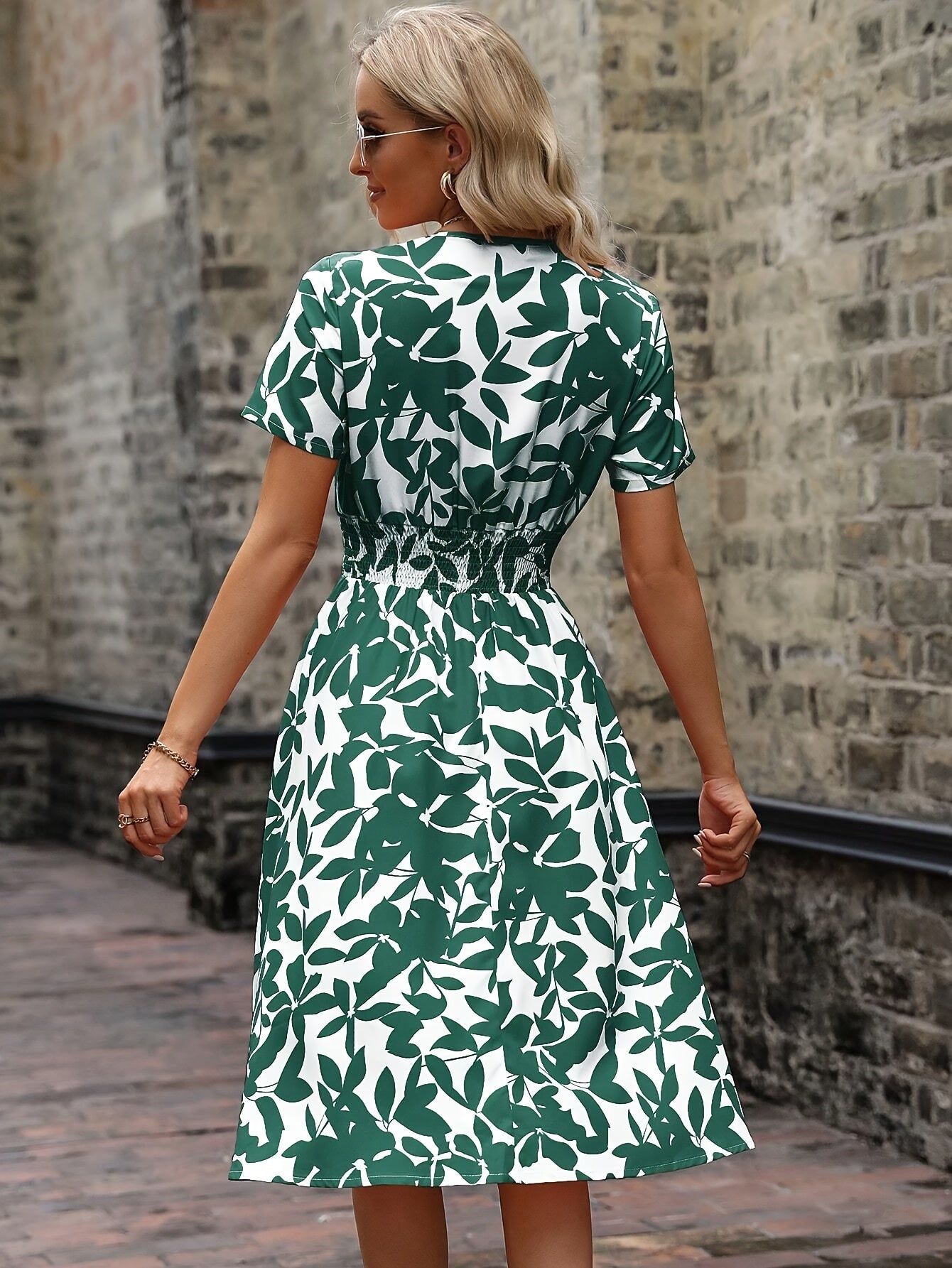 Robe portefeuille été femme imprimé feuillage manches courtes