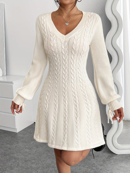 Robe pull hiver femme col V maille torsadée