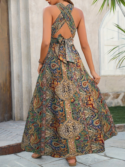Robe longue bohème fluide femme – imprimé patchwork d’été