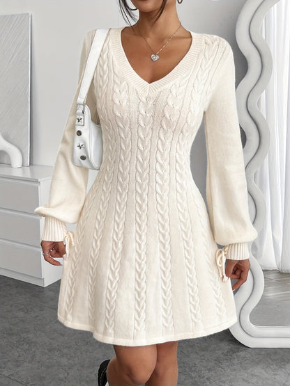 Robe pull hiver femme col V maille torsadée