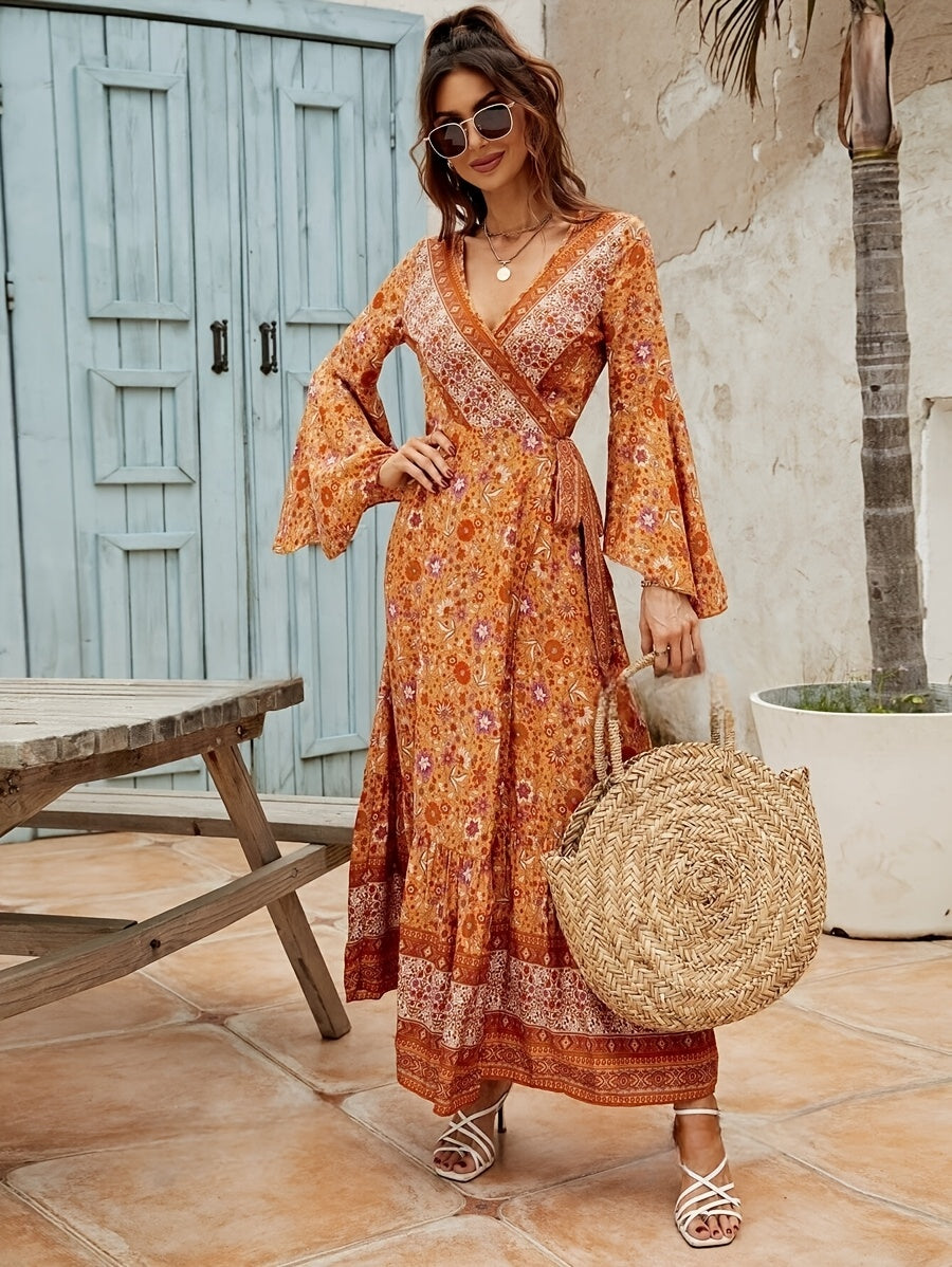Robe bohème portefeuille longue à imprimé floral femme – chic et fluide