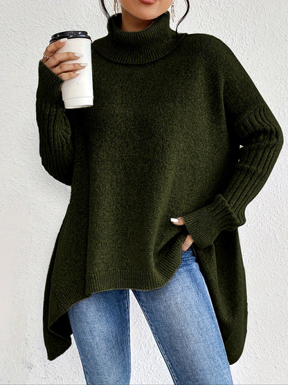 Pull chaud femme col roulé oversize – coupe asymétrique hiver cocooning