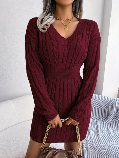 Robe pull hiver femme moulante col en V manches longues