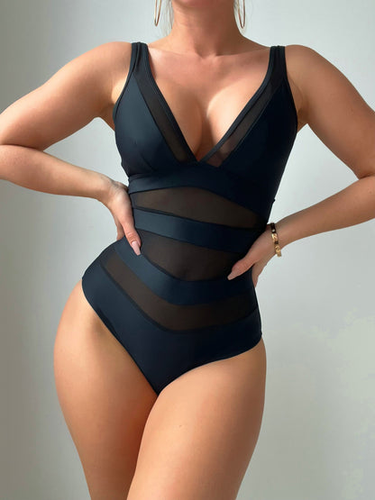 Maillot de bain 1 pièce sculptant femme – décolleté croisé & détails en tulle