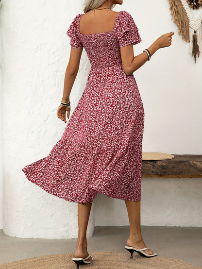 Robe mi-longue fleurie smockée – Vert émeraude