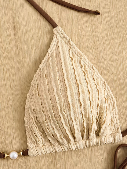 Maillot de bain 2 pièces triangle texturé à nouer perle