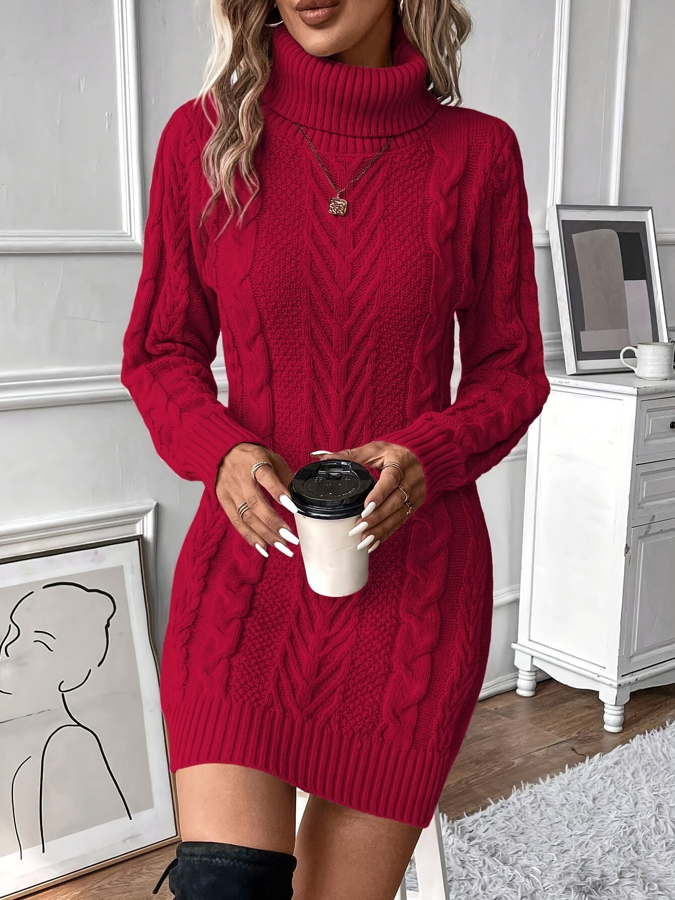 Robe pull hiver femme col roulé maille torsadée courte