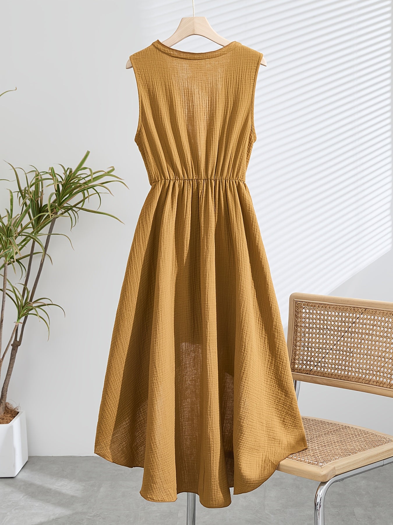Robe bohème longue sans manches femme effet lin fluide