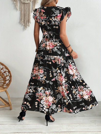 Robe longue fleurie femme à volants et décolleté V