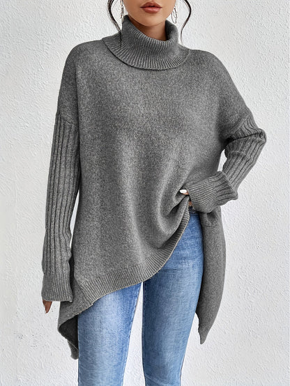 Pull chaud femme col roulé oversize – coupe asymétrique hiver cocooning