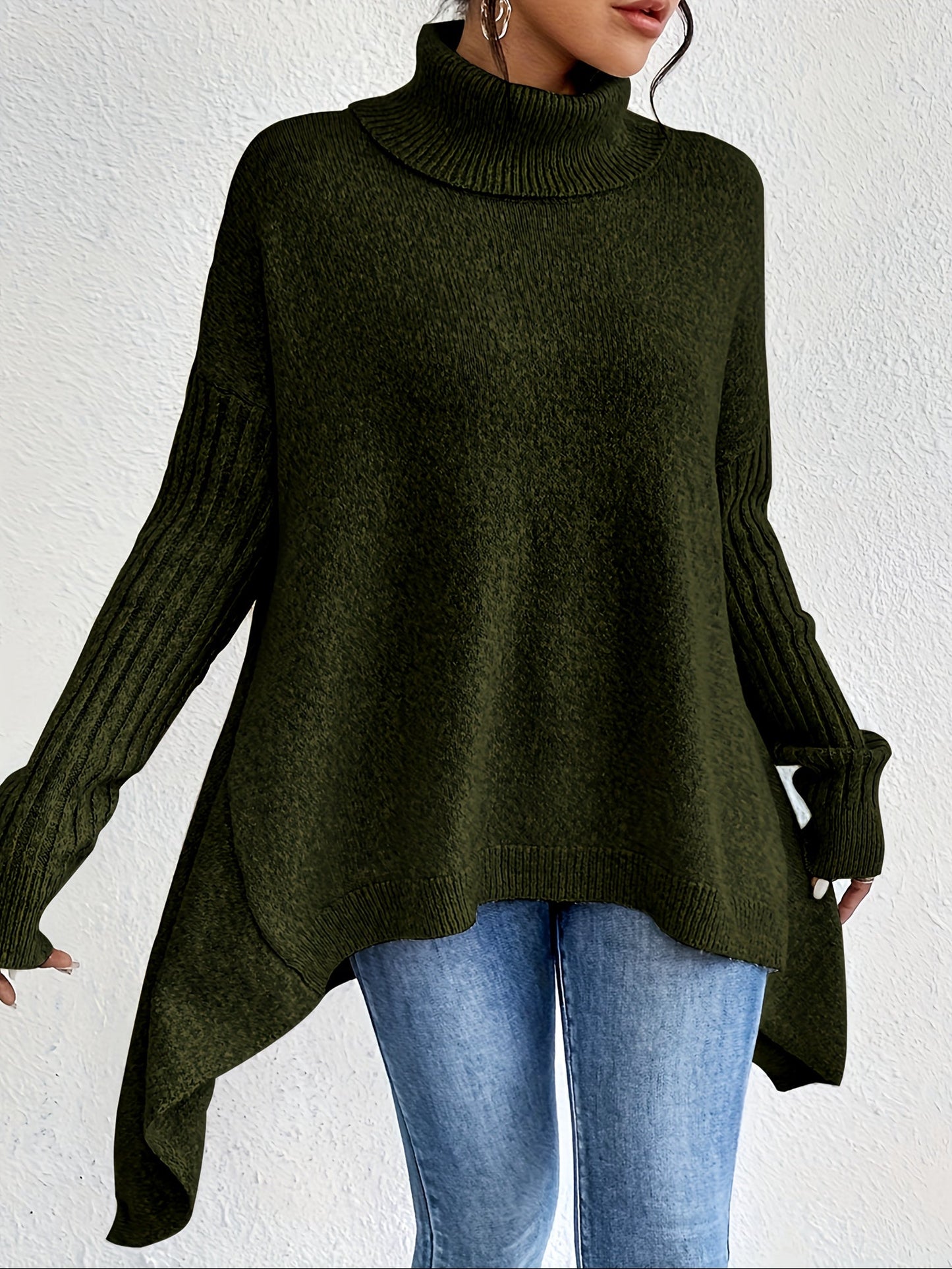Pull chaud femme col roulé oversize – coupe asymétrique hiver cocooning