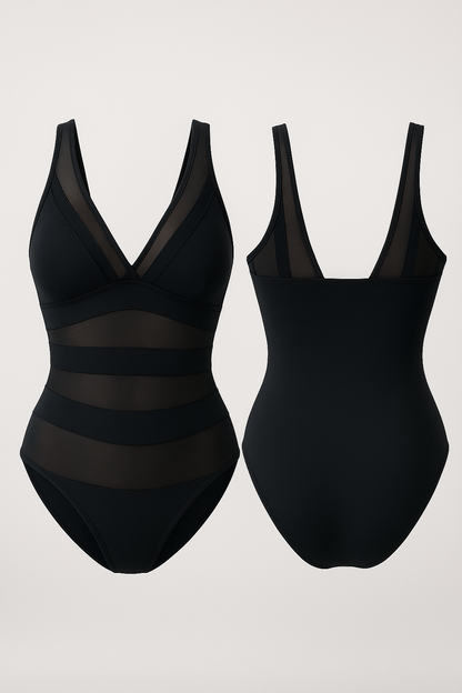 Maillot de bain 1 pièce sculptant femme – décolleté croisé & détails en tulle