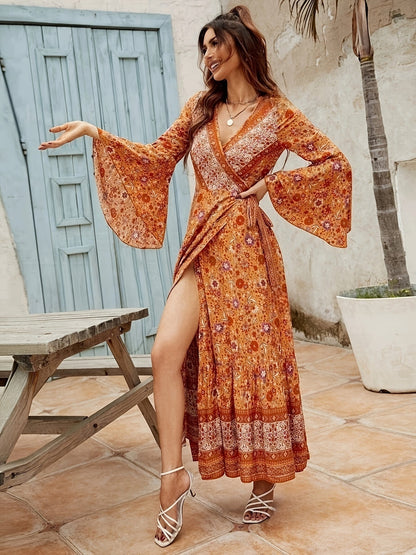 Robe bohème portefeuille longue à imprimé floral femme – chic et fluide