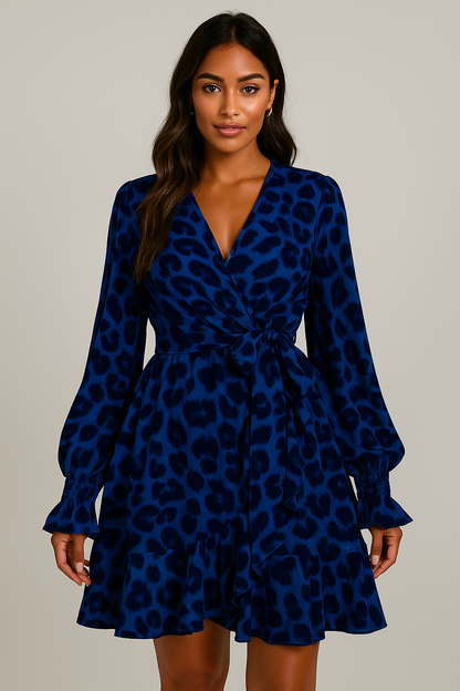 Robe portefeuille courte imprimé léopard satinée femme