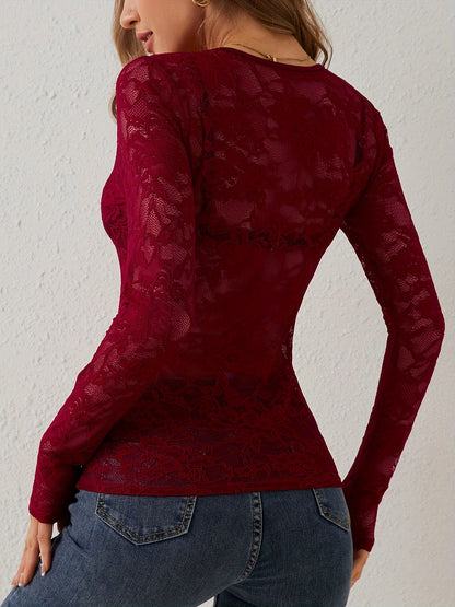 Top dentelle moulant femme manches longues décolleté festonné