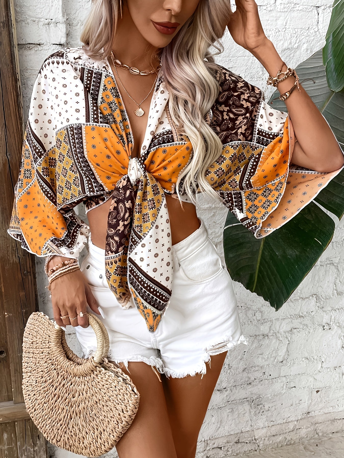 Top bohème femme noué à l’avant manches larges imprimé foulard
