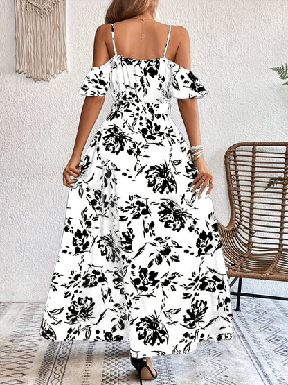 Robe longue fleurie à bretelles et épaules dénudées