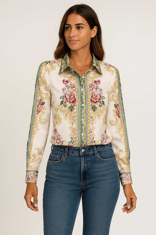 Chemise imprimée baroque femme col classique manches longues