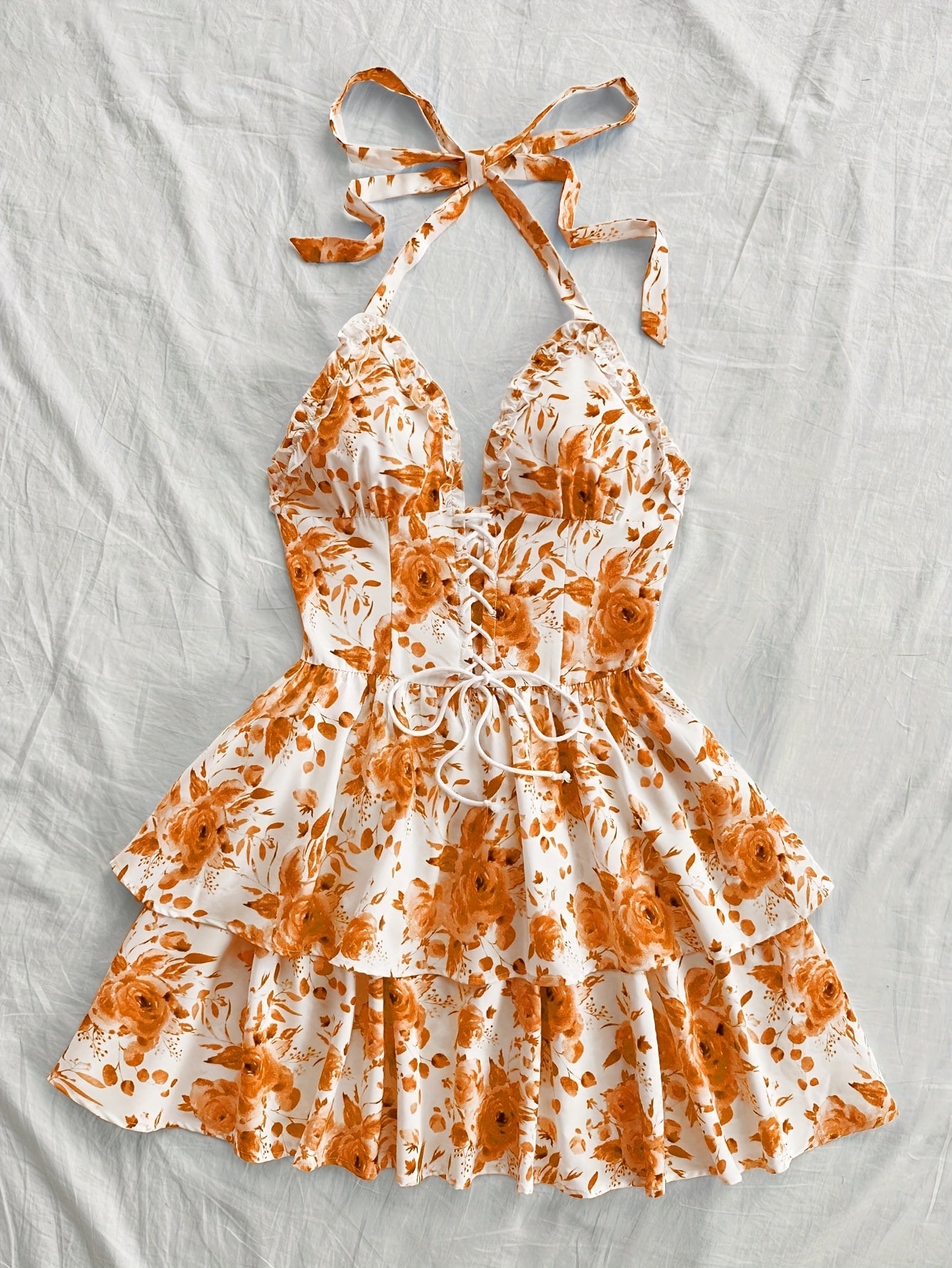 Robe courte bustier fleurie à volants femme