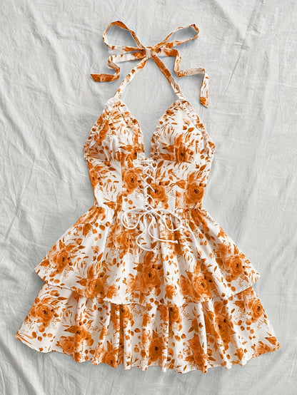 Robe courte bustier fleurie à volants femme