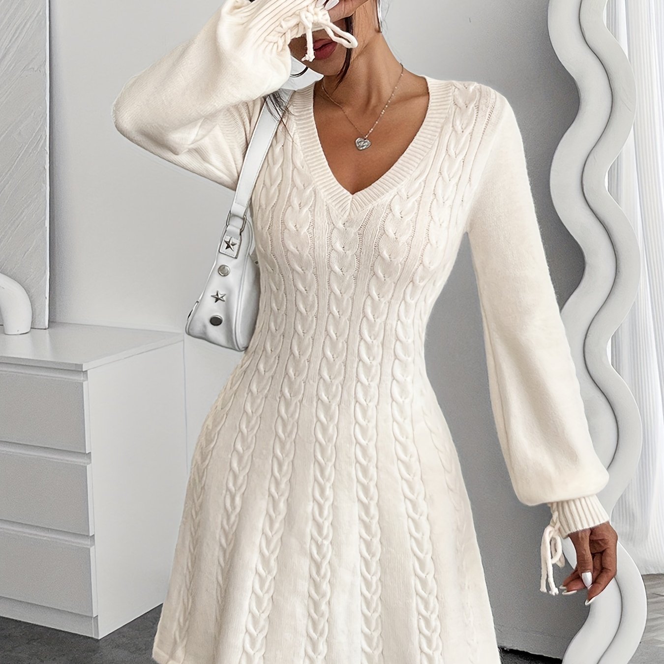 Robe pull hiver femme col V maille torsadée