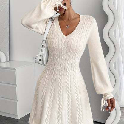 Robe pull hiver femme col V maille torsadée