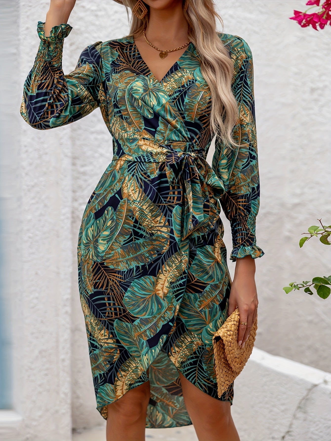 Robe portefeuille mi-longue imprimé tropical femme manches longues
