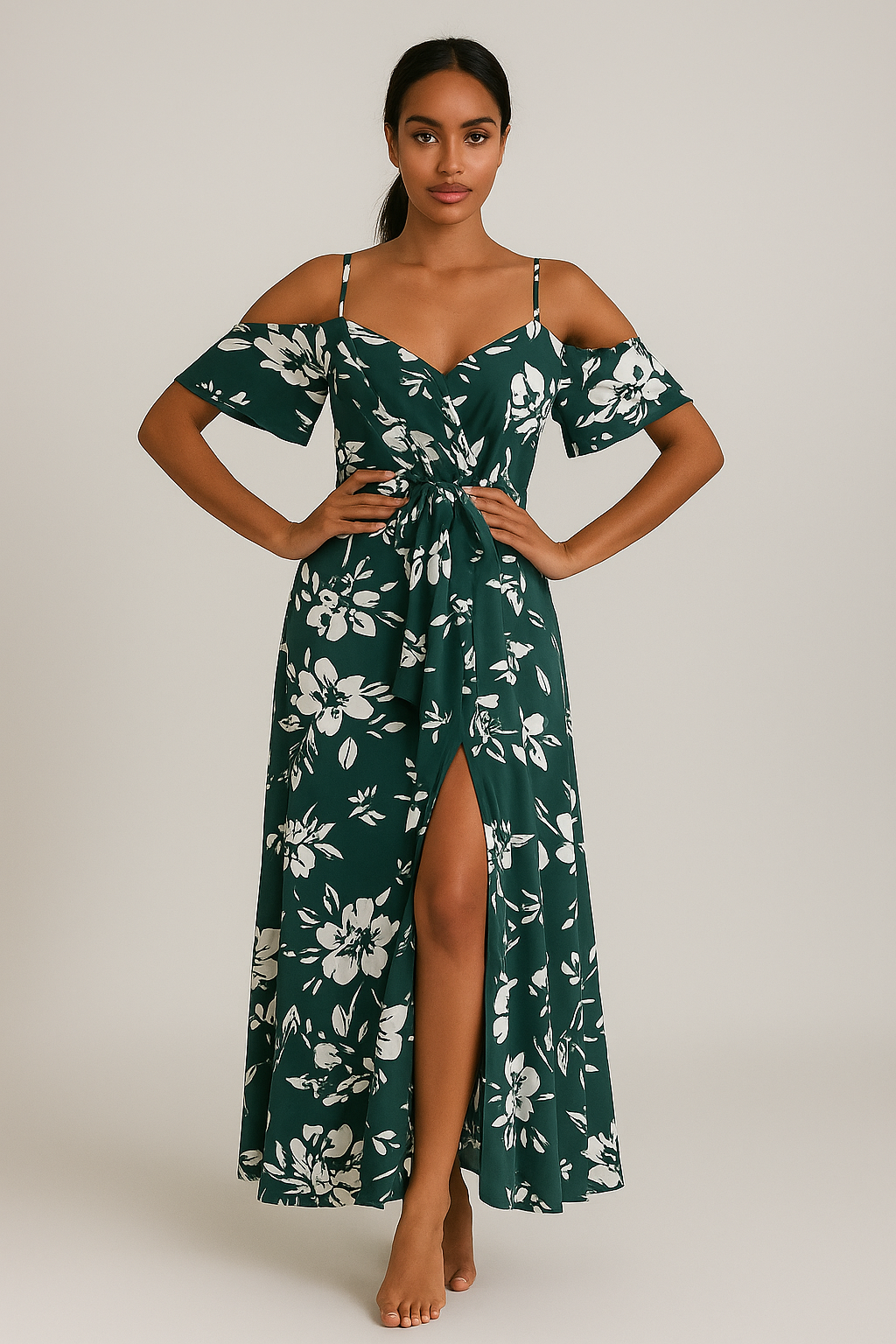 Robe longue fleurie à bretelles et épaules dénudées