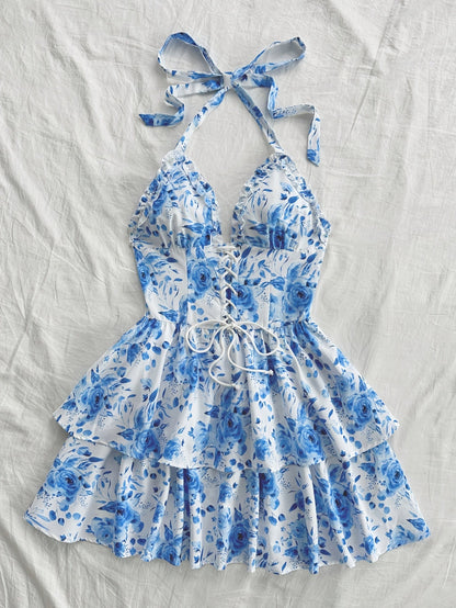 Robe courte bustier fleurie à volants femme