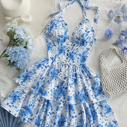 Robe courte bustier fleurie à volants femme