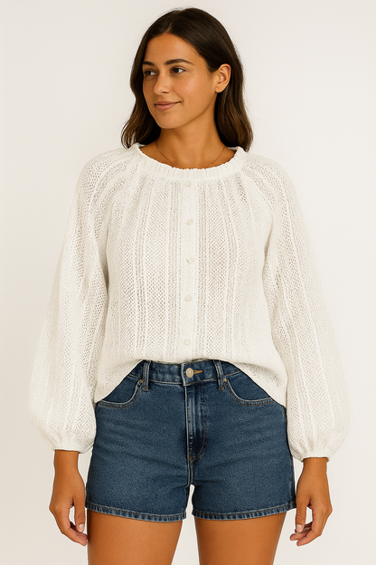 Blouse en maille ajourée femme manches longues boutonnée