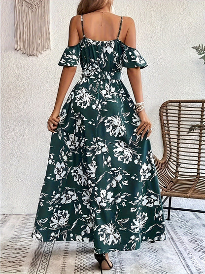 Robe longue fleurie à bretelles et épaules dénudées