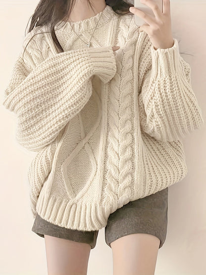 Pull chaud femme torsadé oversize – col rond et grosse maille hiver