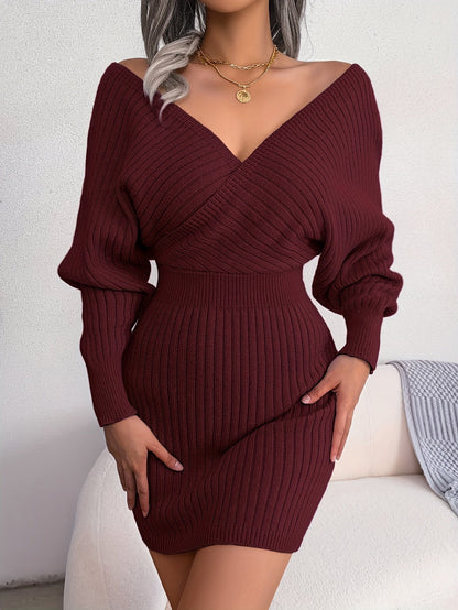 Robe pull moulante hiver femme col cache-cœur manches longues