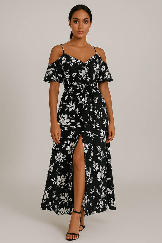 Robe longue fleurie à bretelles et épaules dénudées