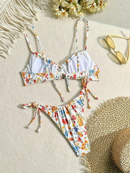 Maillot de bain 2 pièces fleuri femme noué sur les côtés