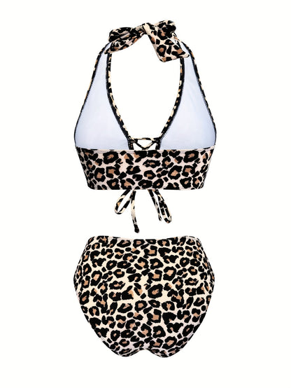 Maillot de bain 2 pièces taille haute motif léopard sexy