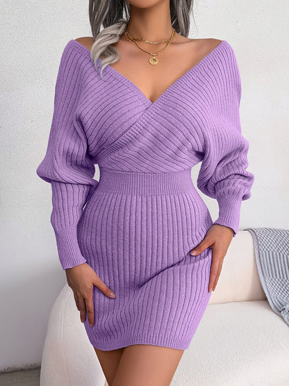 Robe pull moulante hiver femme col cache-cœur manches longues