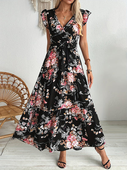 Robe longue fleurie femme à volants et décolleté V