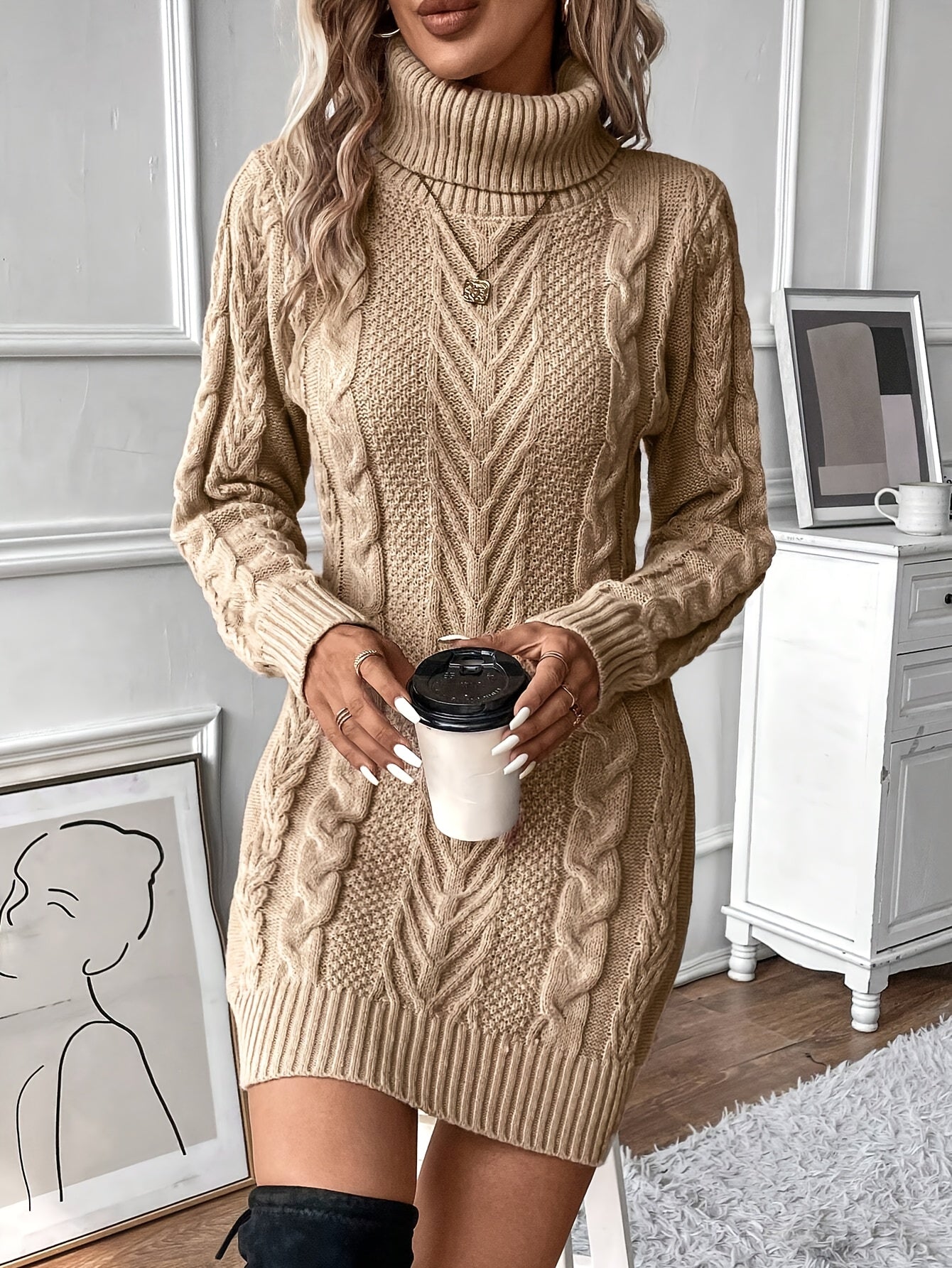 Robe pull hiver femme col roulé maille torsadée courte