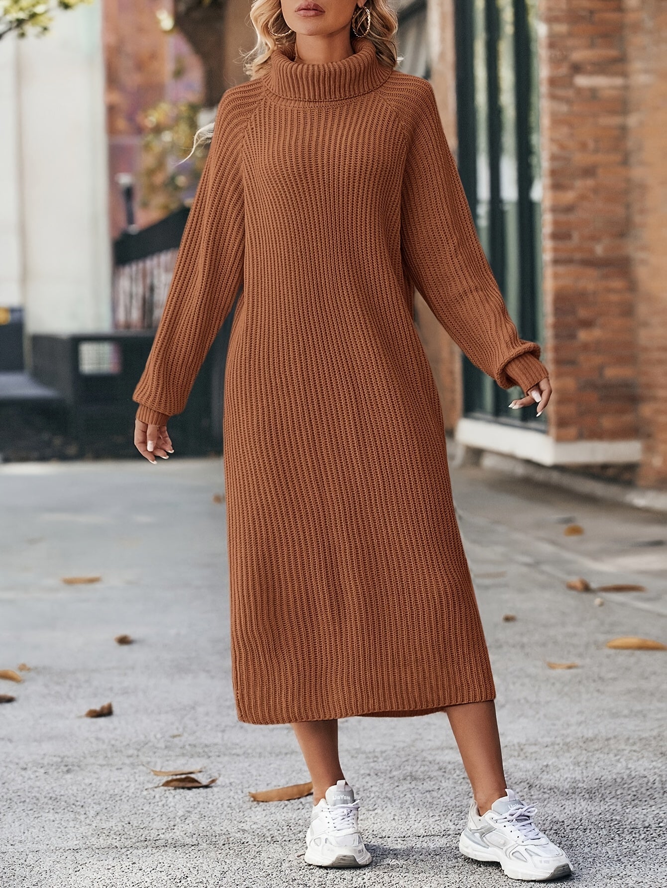 Robe pull longue femme en maille col roulé ample